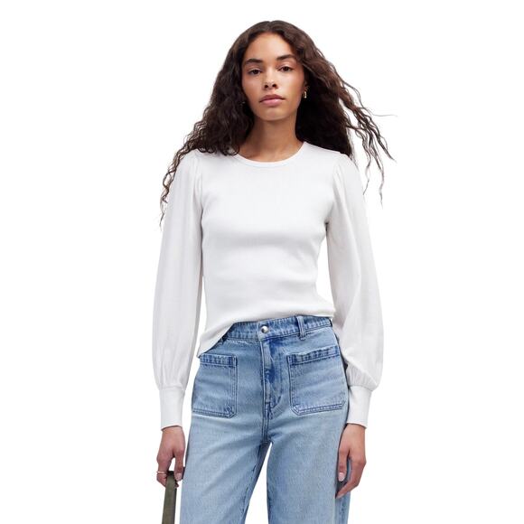 Madewell White Ribbed Puff Sleeve Knit Top Long Sleeve Blouse Size L NWT - Picture 1 of 8